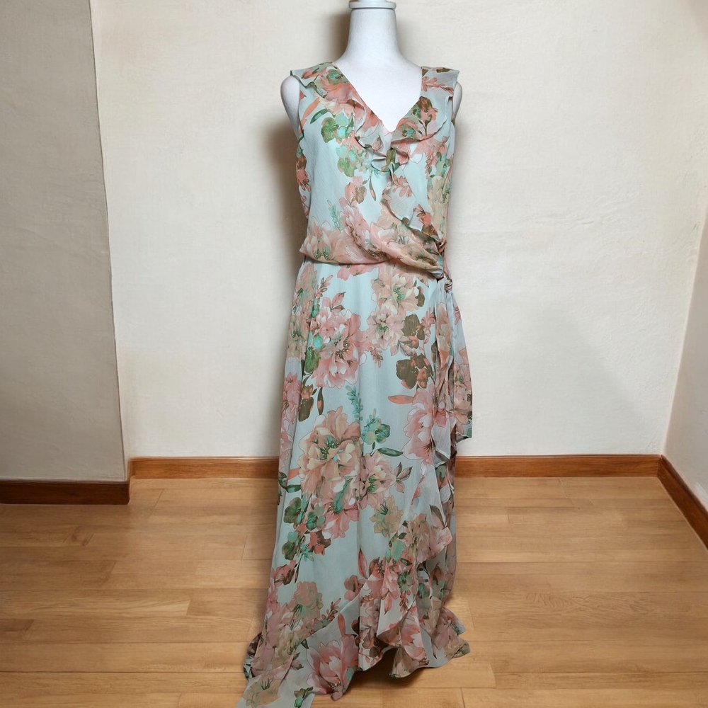 London Times Floral Sleeveless Maxi Dress - Size 12 - Wedding, Floral, Sheer